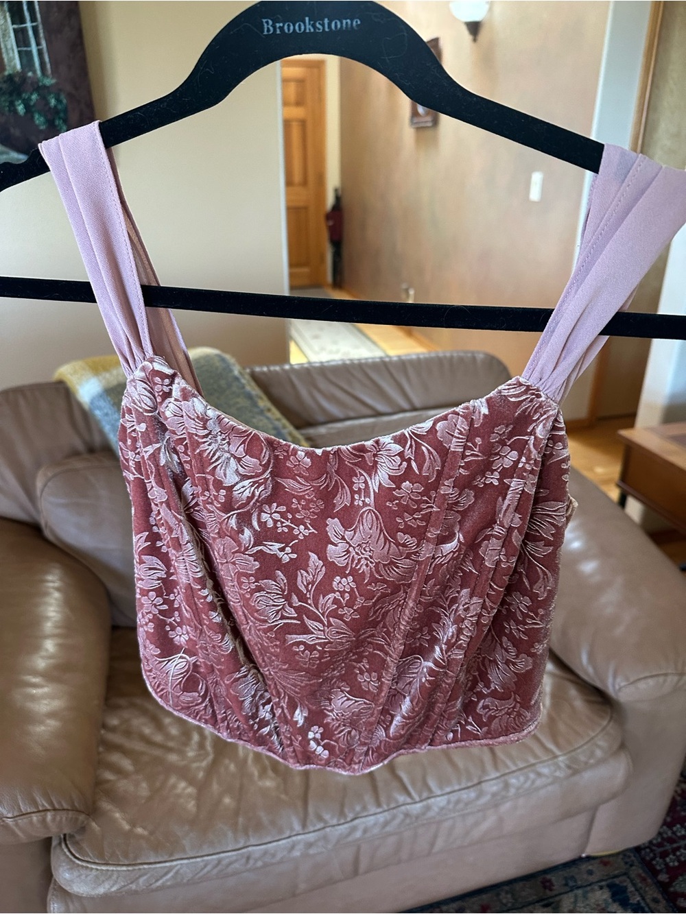 Altar'd State Dusty Rose Floral Corset Top with Light Pink Chiffon Straps